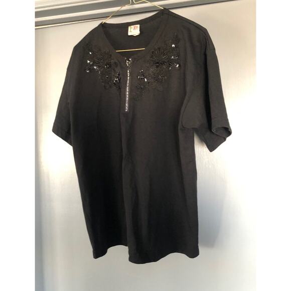 Black 1/4 Zip Top LARGE Floral Embroidered Rhinestones Cactus Whimsygoth - Picture 1 of 3